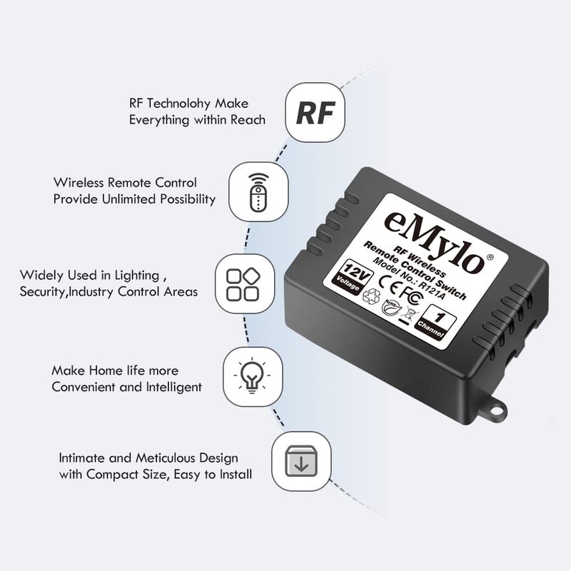 eMylo Wireless Remote Switch RF DC 12V 1 Channel One Relay Light Switch Transmitter 433Mhz Remote Control Switch for Light, Lamp, Door Garage, Industrial Control and Security Fields - Image 2